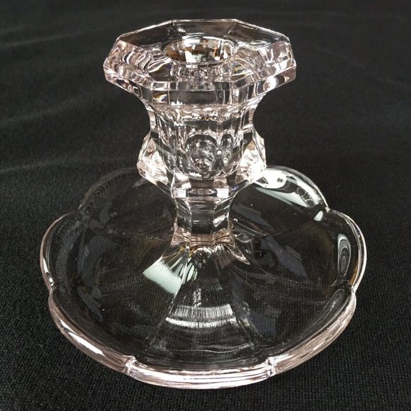 Clear Art Glass Candlestick Holder Flower Petal Fluted Base Hexagonal Top Vtg - Picture 1 of 12